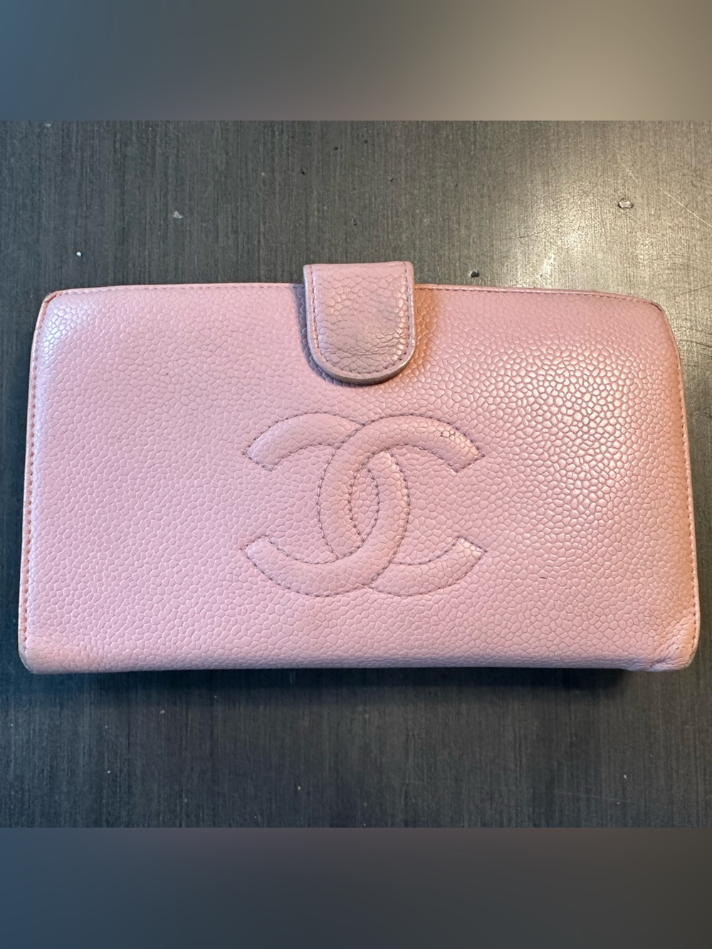 Authentic Chanel Vintage Timeless Caviar Leather Long Bifold Wallet - Pink